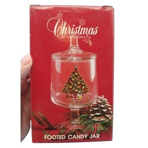 Vintage 1985 Christmas Tree Glass 7.25” Footed Candy Bonbon Jar By Carlton Boxed